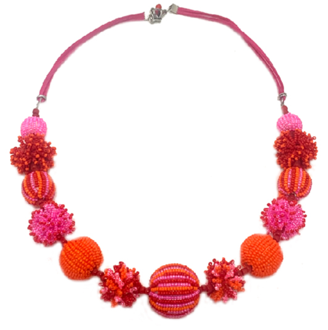 Juju Beadwork- Pink PomPom Necklace
