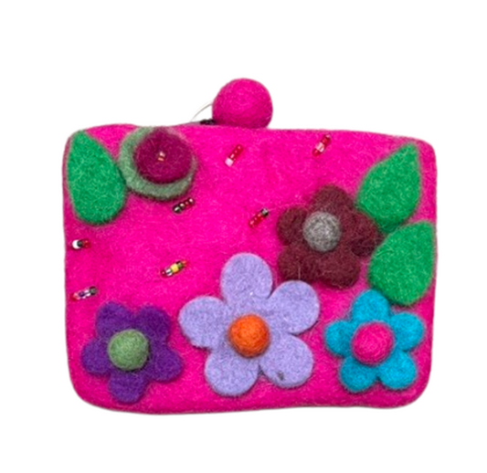 Fair Trade Felt Flower Purse Small Fuschia