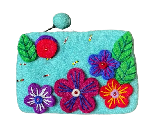 Fair Trade Felt Flower Purse Aqua