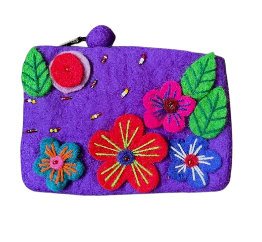 Fair Trade Felt Flower Purse Purple