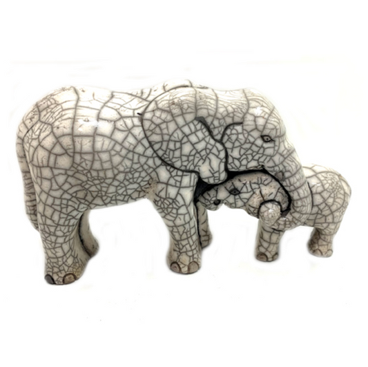 Raku- Elephant and Calf- White