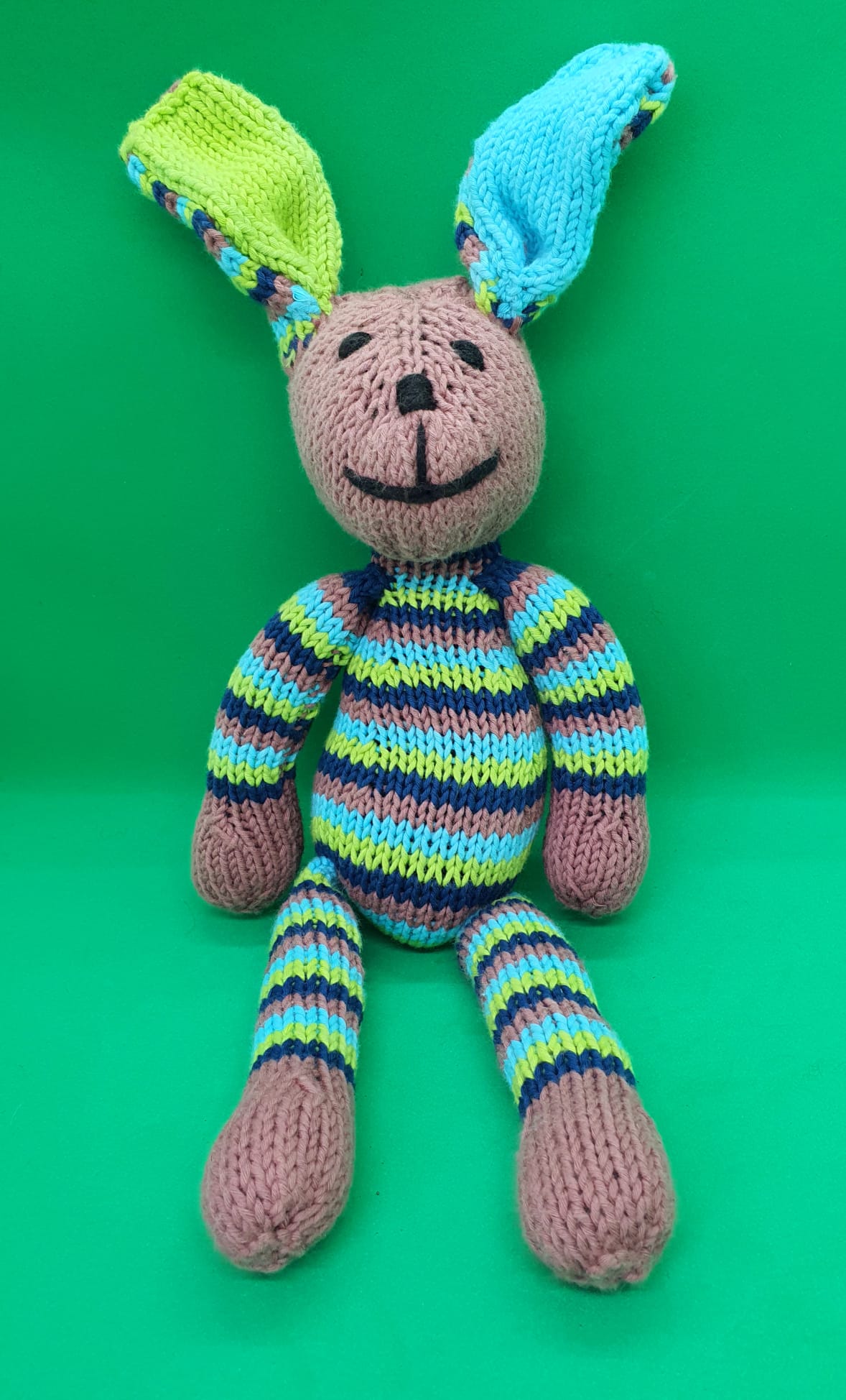 Kenana Knitters, Stripey Bunny Aqua/ Lime/ Brown